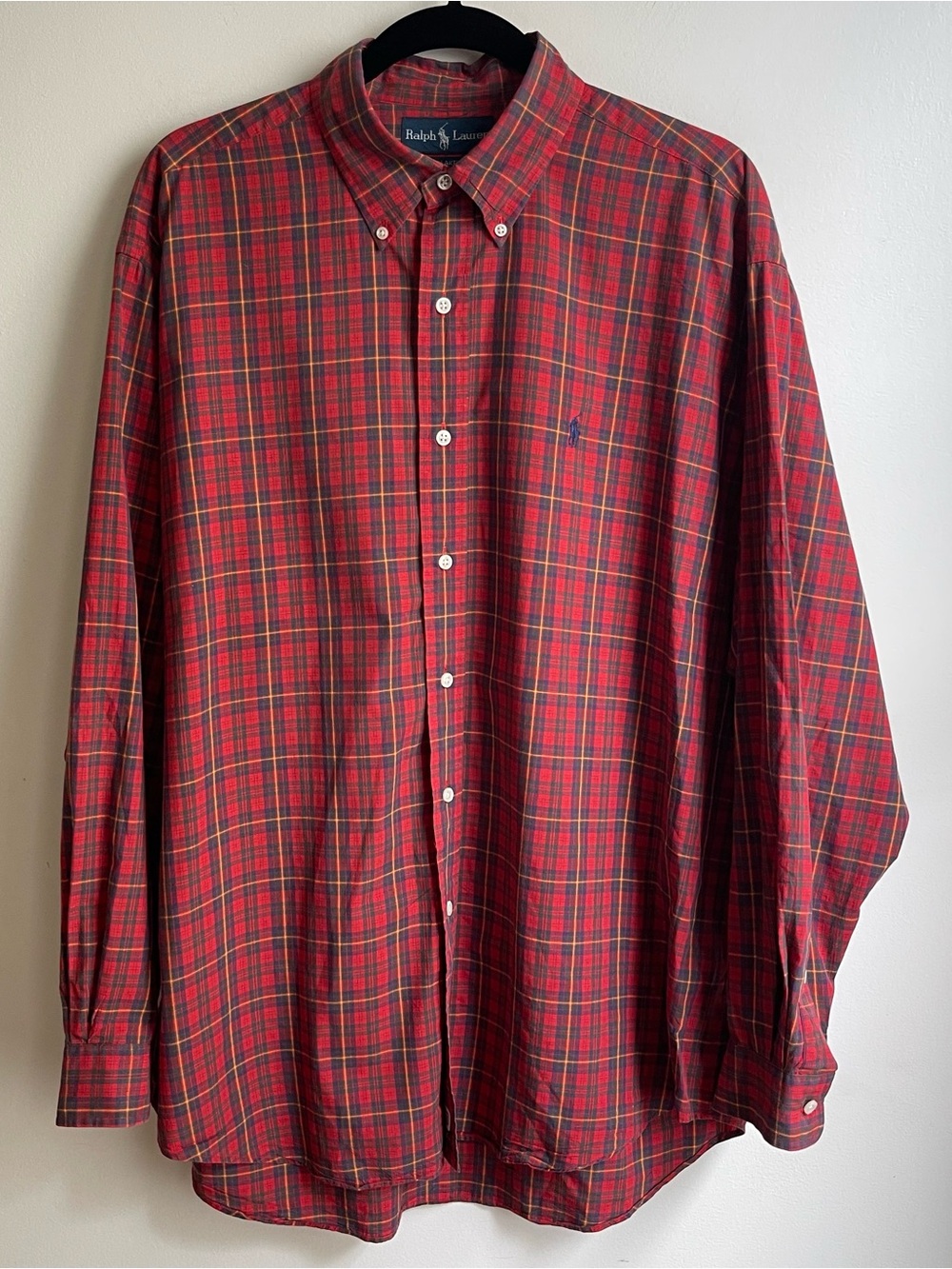 Vintage Ralph Lauren Red Plaid Blake Shirt Cotton Button Collar Polo Pony Large